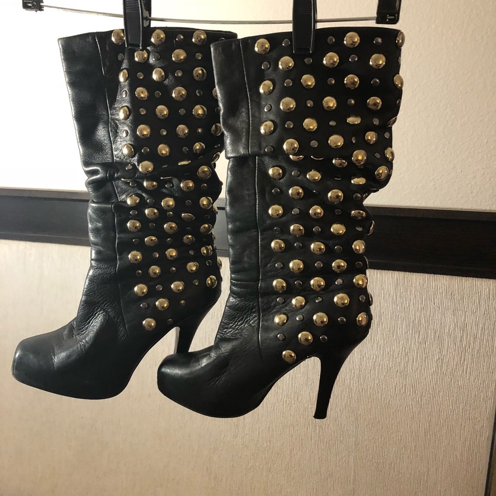 Black slouch boots with gold/silver studding